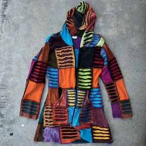 Boho Hippie Rainbow Patchwork Zip Hoodie Jacket Nepal